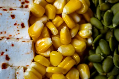 Gros plan sur trois ingrédients alignés côte à côte : des cubes de tofu parsemés de piment rouge, des grains de maïs dorés et brillants, et des graines de courge d'un vert profond.
